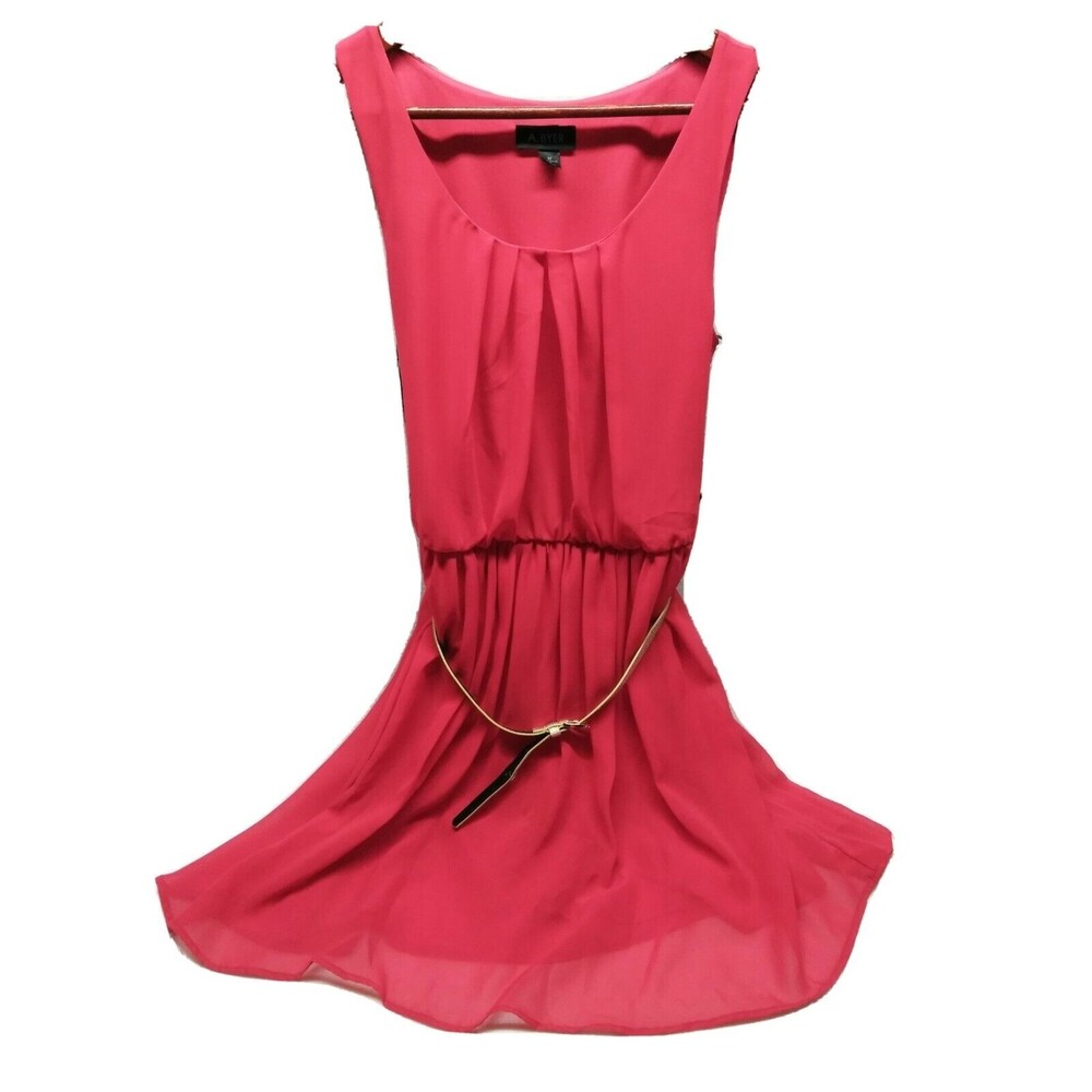 A. Byer Women Dress Medium Red Formal Sleeveless Pleated Round Neck Gold Belt